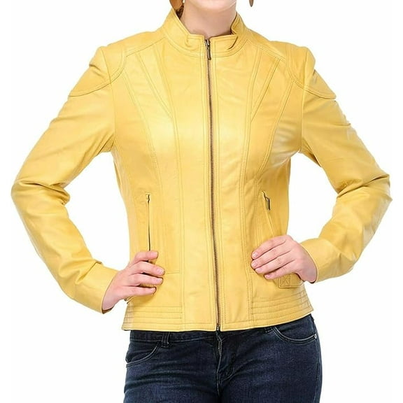 Women's Genuine Yellow Lambskin Leather Jacket Motorcycle Biker Leather Jacket W352
