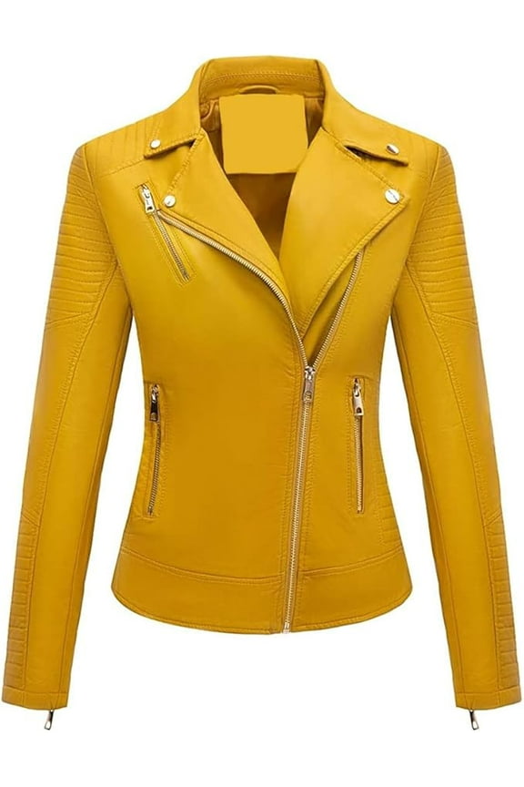 Women's Genuine Yellow Lambskin Leather Jacket Motorcycle Slim fit Biker Jacket W243