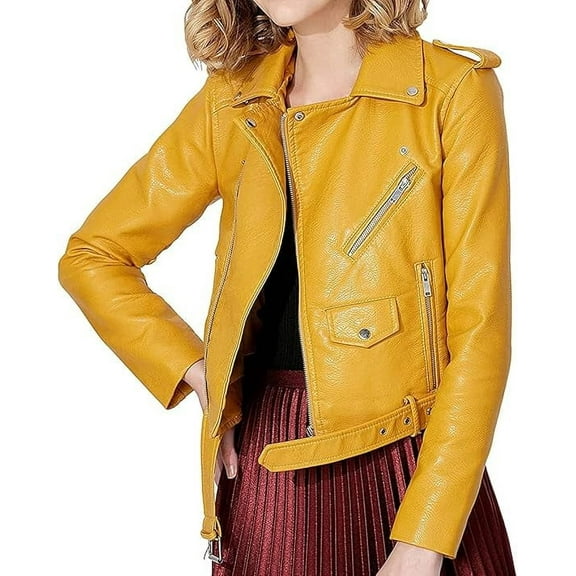 Women's Genuine Yellow Lambskin Leather Motorcycle Jacket Stylish Coat W398