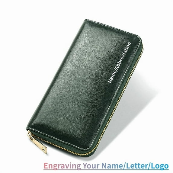 Women's Genuine leather Wallet Wristlet Band Wallet, Personalized Name Initials Engraving Credit Card Cowhide Wallet Holder Money Pockets Women Clutch Case Coin Clip with RFID Blocking, Dark Green