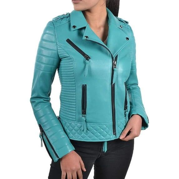 Women's Genuine turquoise Blue Lambskin Quilted Leather Motorcycle Jacket Stylish Coat W184