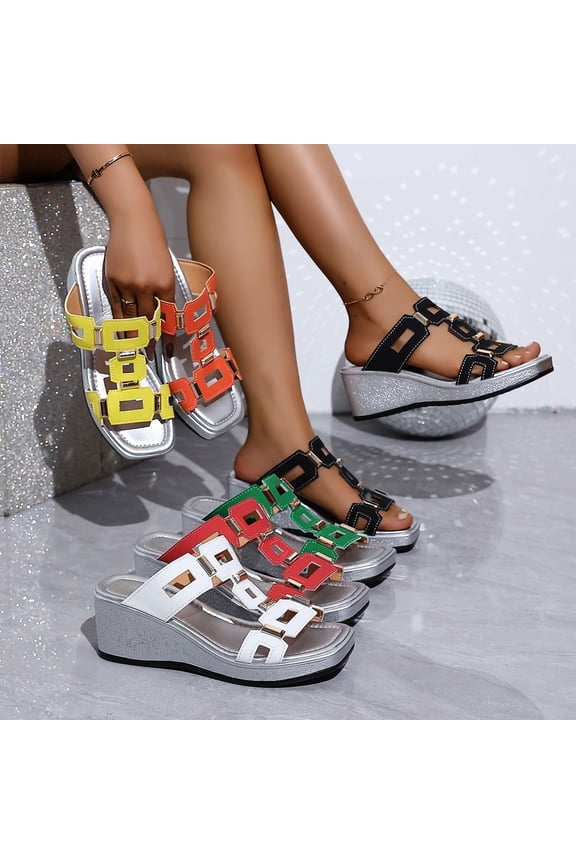Women's Geometric Buckle Wedge Slide Sandals Peep Toe Thick Platform Casual Summer Beach Sandals for Women Wide Width Soft Sole