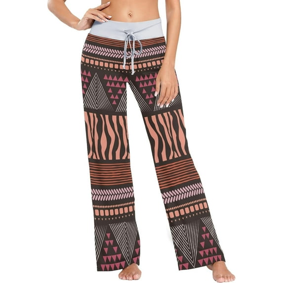 Women's Geometric Coral Boho Triangles Pinto Pajama Pants, Casual Pajama Bottoms Lounge Pants Wide Leg
