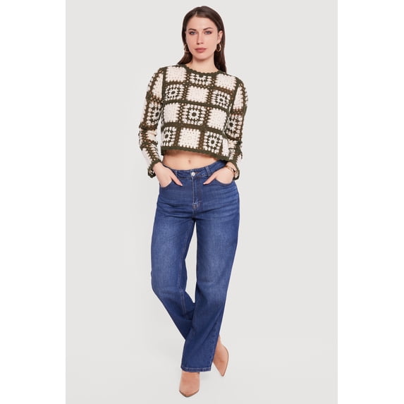 Women's Geometric Crochet Cropped Long Sleeve Sweater