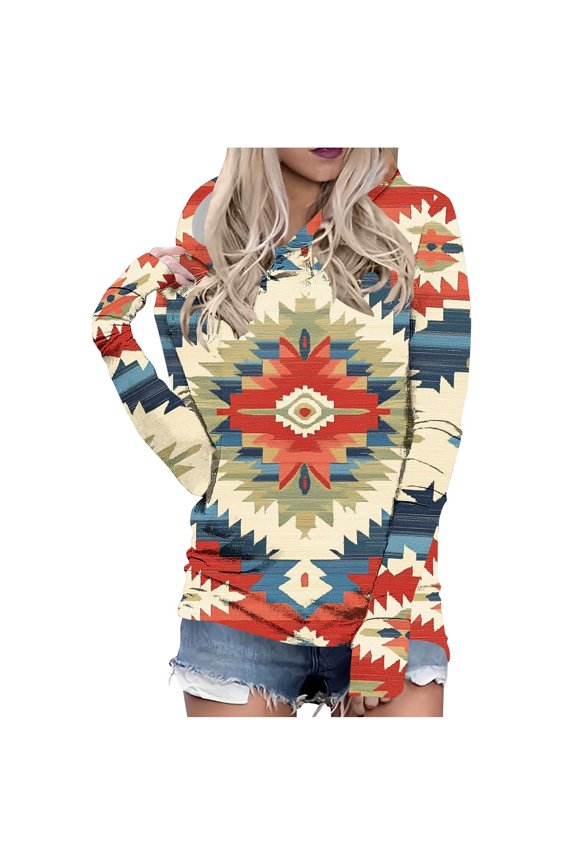 Women's Geometric Horse Print Aztec Hoodie Pullover Cowgirl Western Long Sleeve Hooded Sweatshirt Top