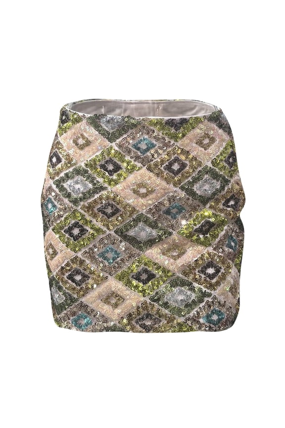 Women's Geometric Patchwork Sequin Bodycon Skirt Beaded Hot Girl Short Skirt Pink M