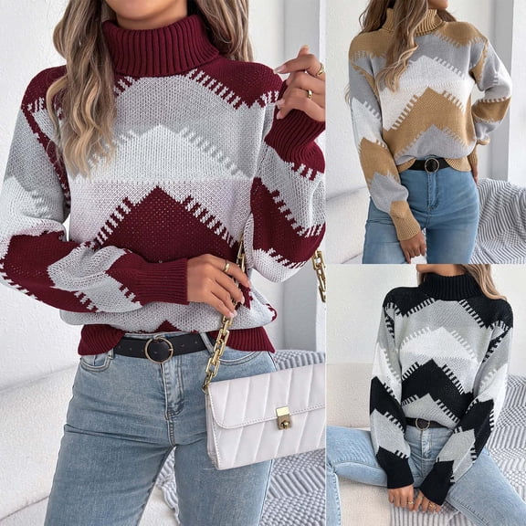 Women's Geometric Pattern Turtleneck Sweater Long Sleeve Loose Fit Casual Pullover Top