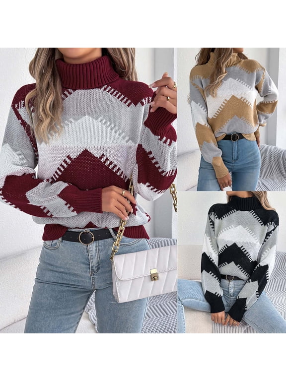 Women's Geometric Pattern Turtleneck Sweater Long Sleeve Loose Fit Casual Pullover Top
