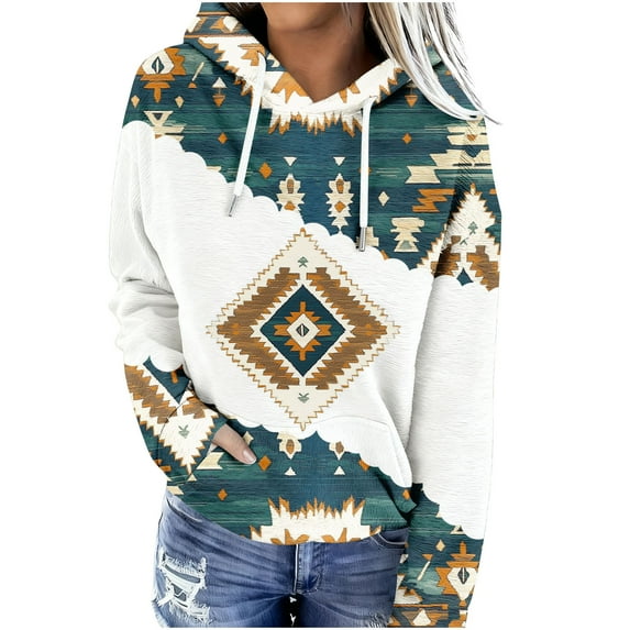 Women's Geometric Print Aztec Hoodie Pullover Cowgirl Western Ethnic Rhombus Printed Hooded Sweatshirt