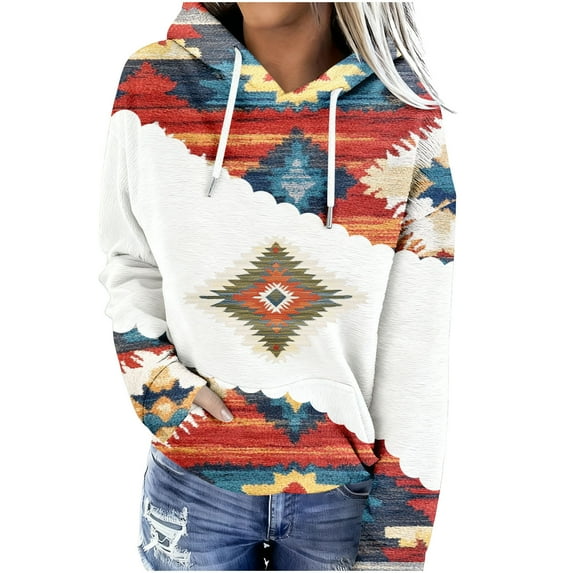Women's Geometric Print Aztec Hoodie Pullover Cowgirl Western Ethnic Rhombus Printed Hooded Sweatshirt
