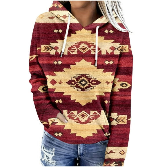 Women's Geometric Print Aztec Hoodie Pullover Cowgirl Western Ethnic Rhombus Printed Hooded Sweatshirt