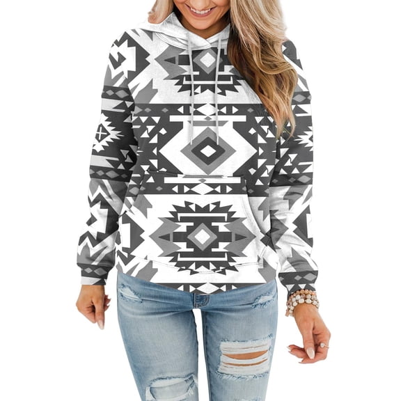 Women's Geometric Print Fleece Aztec Hoodie Western Cowgirl Sweatshirts with Pockets Drawstrings Ethnic Rhombus Printed Tops Fashion Fall Shirts Oversized Clothing