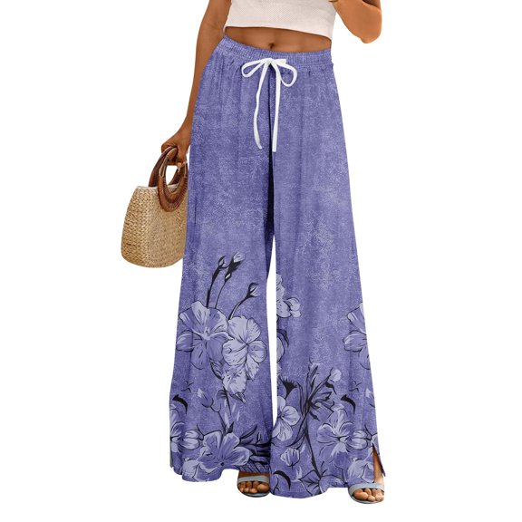 Women's Geometric Print Palazzo Pants - High Waist Wide Leg Bohemian Summer Casual Trousers with Elastic Waist ,Purple,S