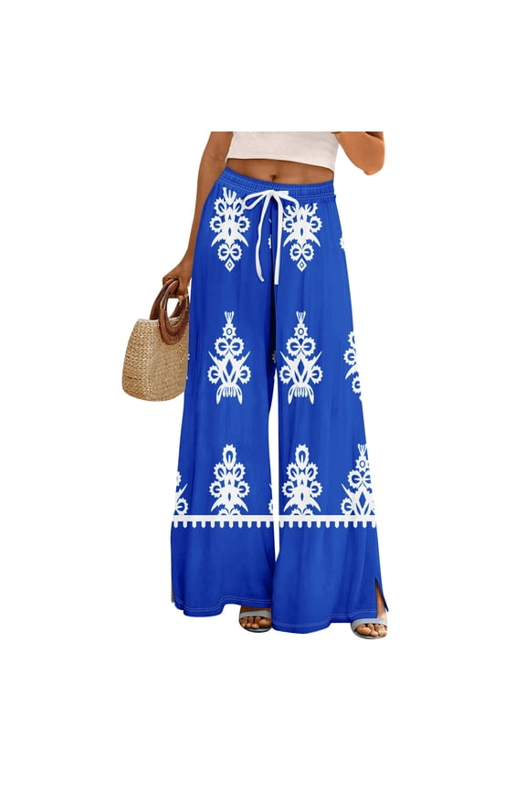 Women's Geometric Print Palazzo Pants - High Waist Wide Leg Bohemian Summer Casual Trousers with Elastic Waist ,Royal Blue,M