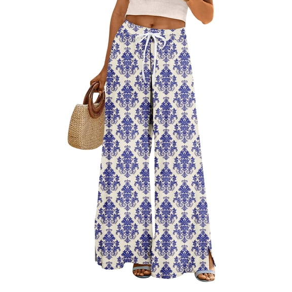 Women's Geometric Print Palazzo Pants - High Waist Wide Leg Bohemian Summer Casual Trousers with Elastic Waist ,Royal Blue,S