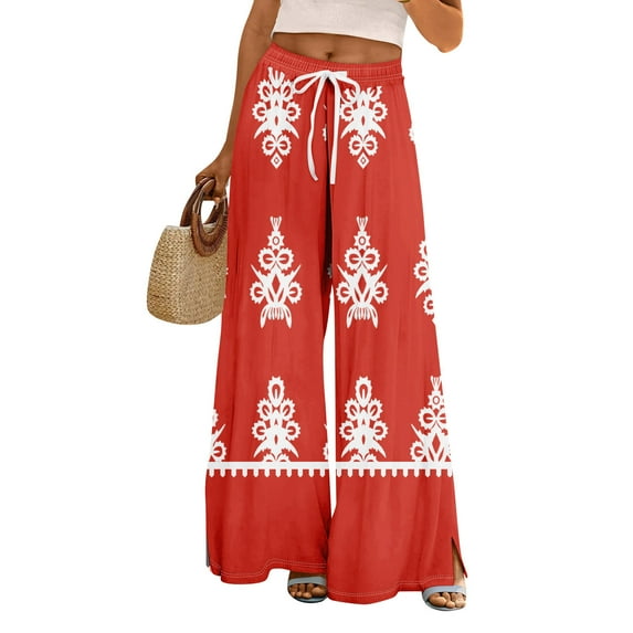 Women's Geometric Print Palazzo Pants - High Waist Wide Leg Bohemian Summer Casual Trousers with Elastic Waist ,Watermelon Red,S