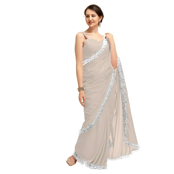 Women's Georgette Partywear Saree Ruffle Frill Sari with Readymade Blouse , Color: Cream | Size: 36