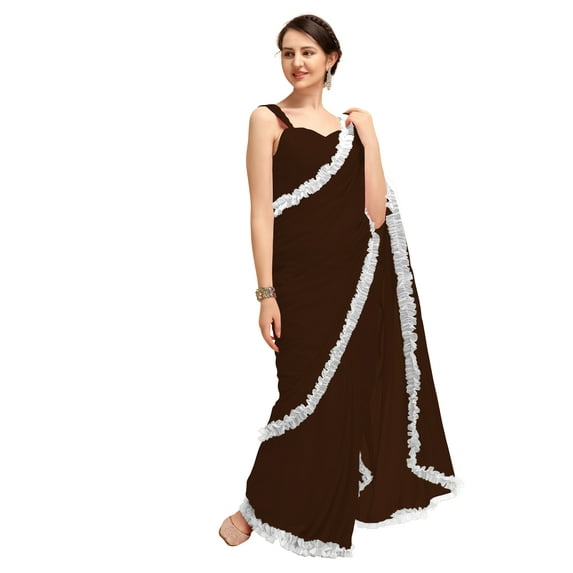 Women's Georgette Partywear Saree Ruffle Frill Sari with Readymade Blouse , Color: Dark Brown | Size: 38