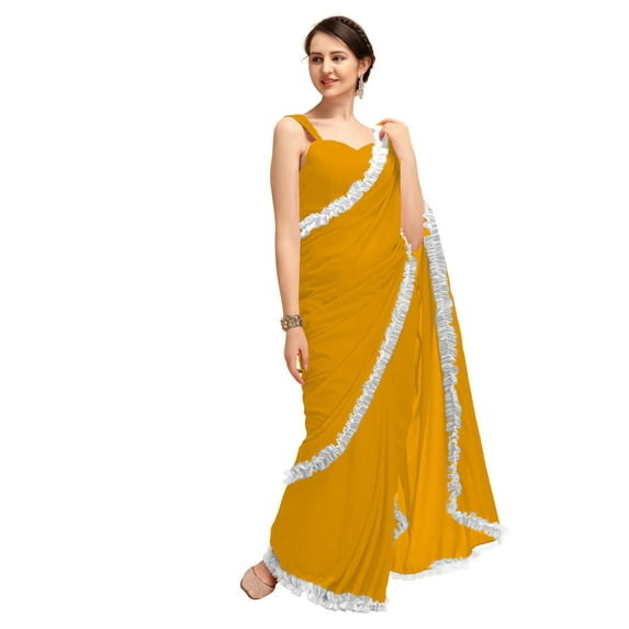 Women's Georgette Partywear Saree Ruffle Frill Sari with Readymade Blouse , Color: Dark Yellow | Size: 38