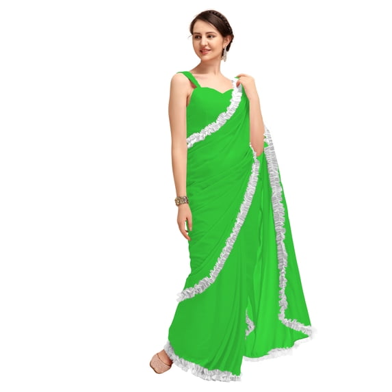 Women's Georgette Partywear Saree Ruffle Frill Sari with Readymade Blouse , Color: Green | Size: 42