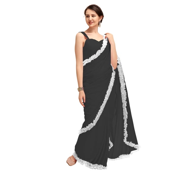 Women's Georgette Partywear Saree Ruffle Frill Sari with Readymade Blouse , Color: Grey | Size: 34