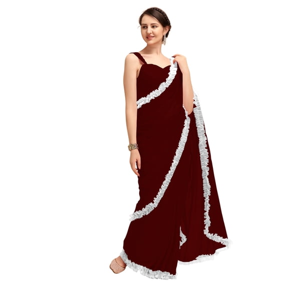 Women's Georgette Partywear Saree Ruffle Frill Sari with Readymade Blouse , Color: Maroon | Size: 46