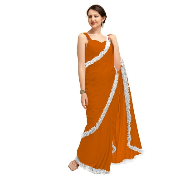 Women's Georgette Partywear Saree Ruffle Frill Sari with Readymade Blouse , Color: Orange | Size: 38