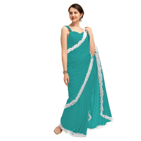 Women's Georgette Partywear Saree Ruffle Frill Sari with Readymade Blouse , Color: Teal | Size: 42