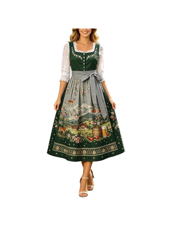 Women's German Dirndl Dress Costumes for Oktoberfest Carnival Sleeveless Square Neck Button Down Dresses Multicolor 4 3XL