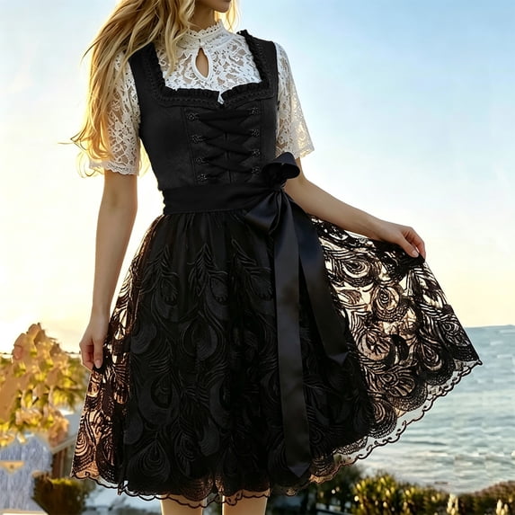 Women's German Dirndl Dress Oktoberfest Carnival Bavarian(Black,XL)