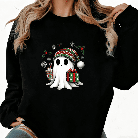 Women's Ghost Christmas Graphic Sweatshirt Casual Holiday Graphic Top Comfortable Round-neck long-sleeved Black S-3XL