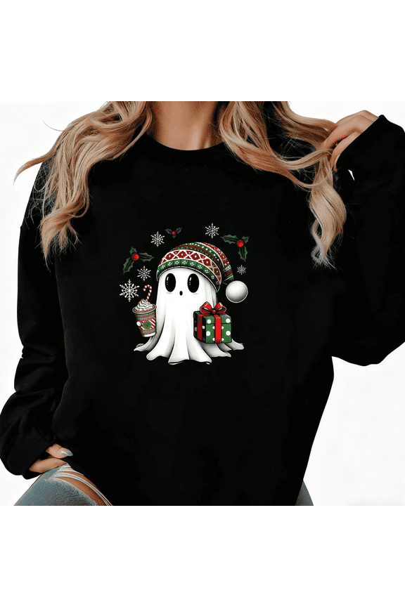 Women's Ghost Christmas Graphic Sweatshirt Casual Holiday Graphic Top Comfortable Round-neck long-sleeved Black S-3XL