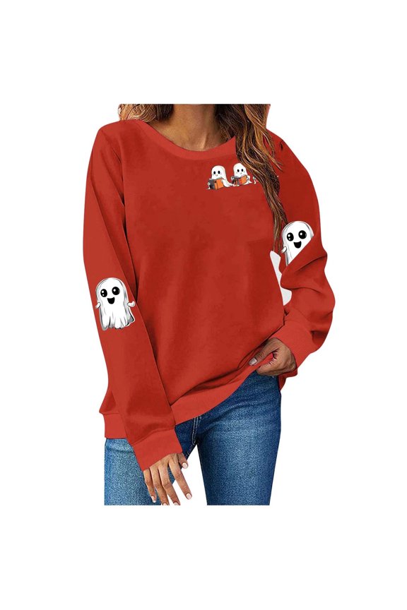 Women's Ghost Graphic Sweatshirts Halloween Long Sleeve Crew Neck Sweater Funny Cute Trendy Fall Sweat Shirts Tops Red, S