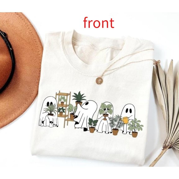 Women's Ghost Plant T-Shirt, Cute Halloween Graphic Tees, Spooky Floral Shirt, Halloween Gift for Plant Lovers，Causal，cotton，white，S-5XL