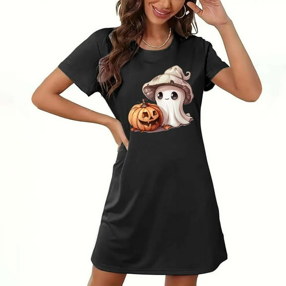 Women’s Ghost Print Halloween Nightgown – Cute Plus-Size Sleepshirt for Festive Lounging (2025 Spooky Essential)
