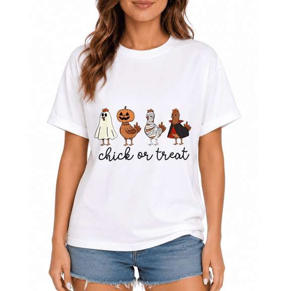 Women's Ghost Pumpkin Chicken Chick Or Treat Halloween Graphic T-Shirt, Fall Party Casual Short Sleeve Tee