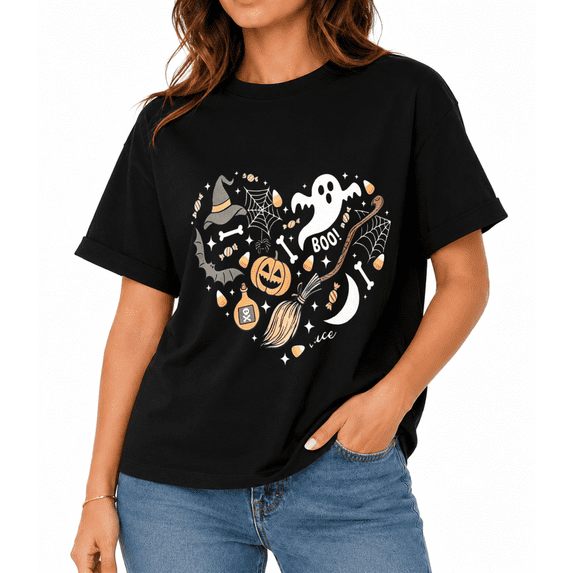 Women's Ghost Pumpkin Heart Graphic T-Shirt, Halloween Fall Casual Short Sleeve Tee
