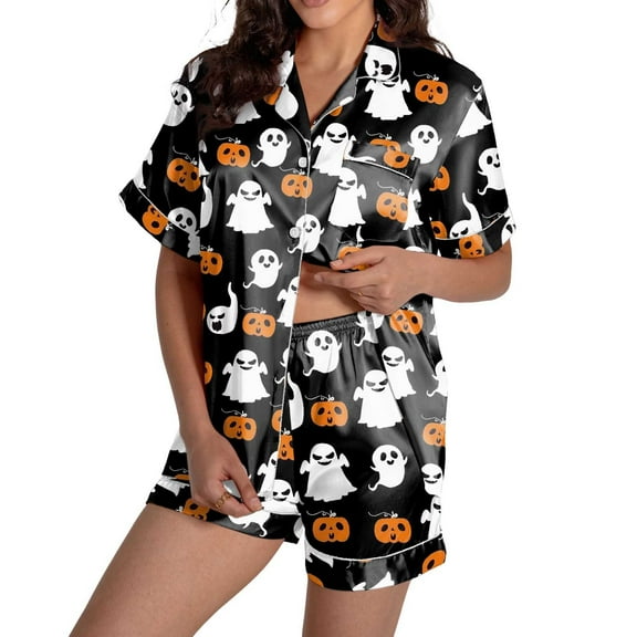Women's Ghost Pumpkin Print Pajama Set - Short Sleeve Satin PJs with Matching Shorts Ghost Pumpkin Print Short Sleeve PJ Set (2-Piece Halloween Sleepwear, Machine Washable)