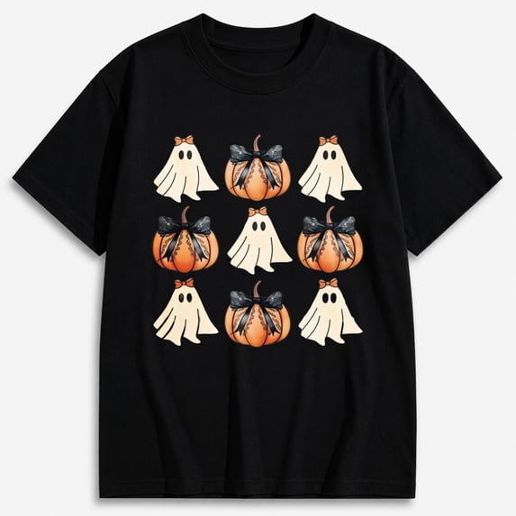 Women's Ghost and Pumpkin Pattern Halloween Shirt, Cute Spooky Graphic Short Sleeve T-Shirt