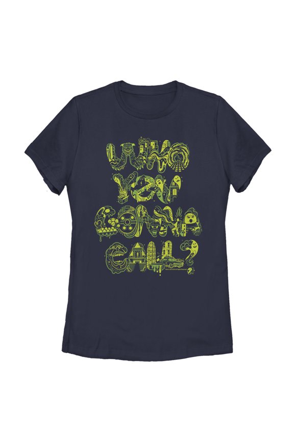 Women's Ghostbusters Who You gonna Call Collage Graphic Tee Navy Blue Small