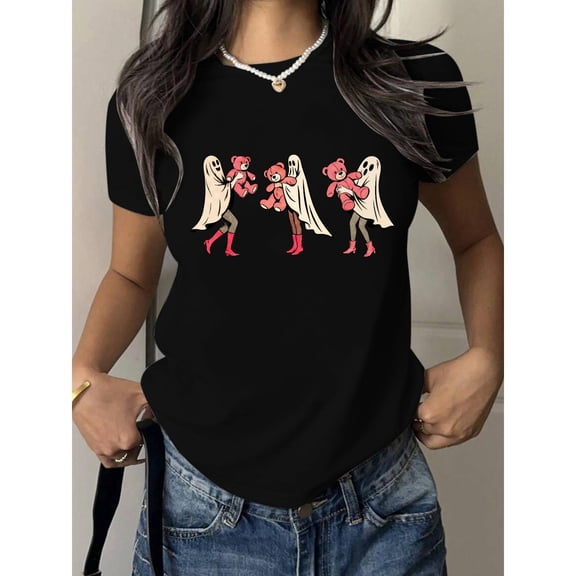 Women's Ghosts Pink Bears Graphic Tee T Shirt Top Fashion and Cotton Short Sleeve Round Neck Black S-5XL