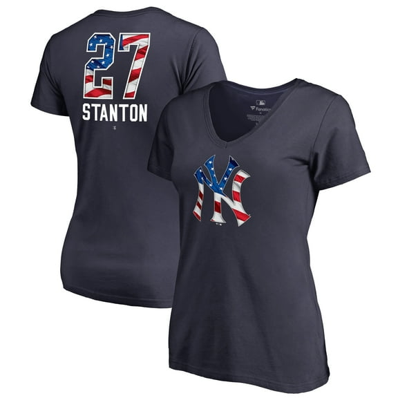 Women's Giancarlo Stanton Navy New York Yankees Banner Wave Name & Number V-Neck T-Shirt