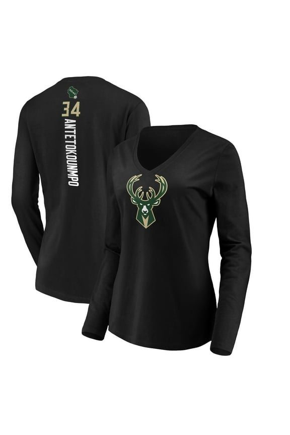 Women's Giannis Antetokounmpo Black Milwaukee Bucks Playmaker Name & Number Long Sleeve V-Neck T-Shirt