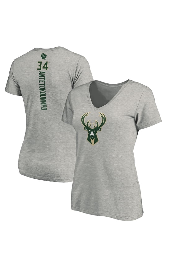 Women's Giannis Antetokounmpo Heathered Gray Milwaukee Bucks Playmaker Name & Number V-Neck T-Shirt