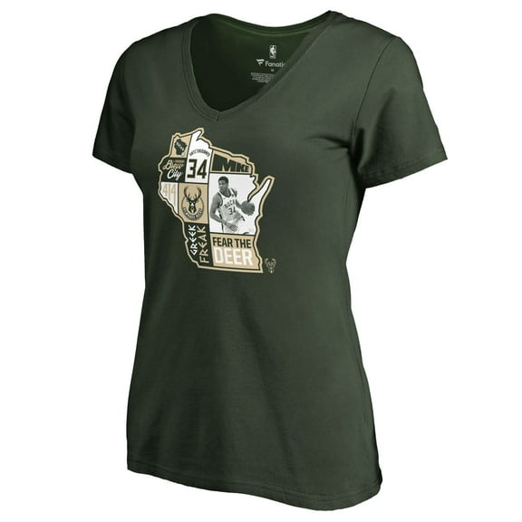 Women's Giannis Antetokounmpo Hunter Green Milwaukee Bucks Player State V-Neck T-Shirt