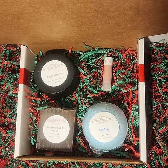Women's Gift Box, Saxon's Handmade Crafts, 1 Random Candle Scent, 1 Lip Balm, 1 Random Scented Soap, 1 Random Scented Bath Bomb