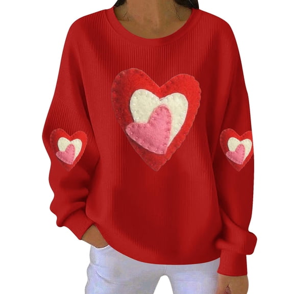 Women's Gift Valentine Ribbed Sweater - Romantic Heart Print Textured Knit Pullover, Casual Long Sleeve Crewneck Top, 2026 Cozy Loose Fit Everyday Wear