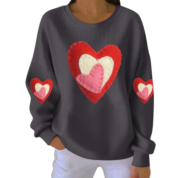 Women's Gift Valentine Ribbed Sweater - Romantic Heart Print Textured Knit Pullover, Casual Long Sleeve Crewneck Top, 2026 Cozy Loose Fit Everyday Wear