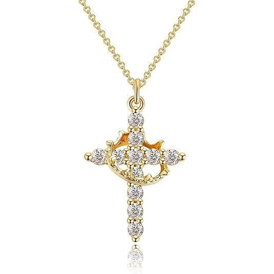 Women's Gifts Upgraded Crown Cross Necklace for Women 14K Gold Plated Crown Cross Pendant Necklace Simple Diamond Gold Necklaces Faith Cross Jewelry First Communion Necklace