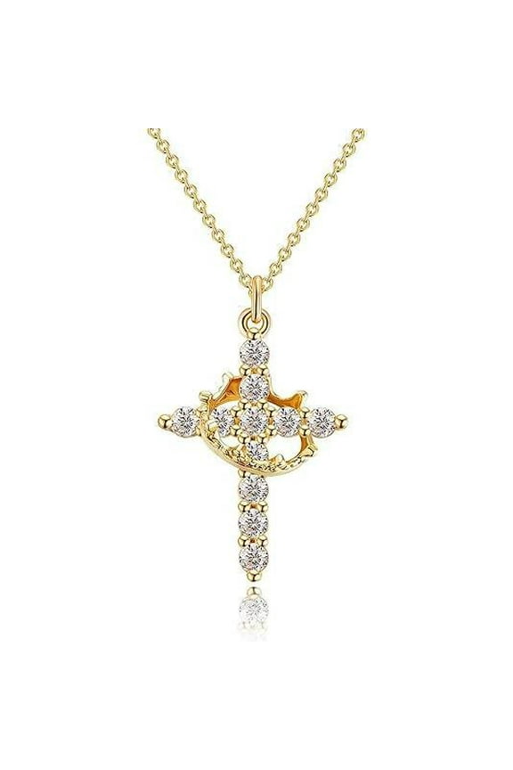 Women's Gifts Upgraded Crown Cross Necklace for Women 14K Gold Plated Crown Cross Pendant Necklace Simple Diamond Gold Necklaces Faith Cross Jewelry First Communion Necklace